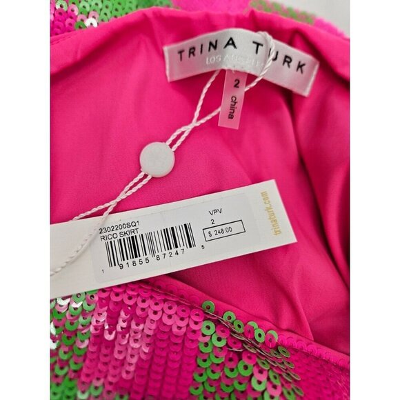 New Trina Turk Rico Mini Skirt Womens 2 Pink Green Checkered Sequins - Picture 5 of 6